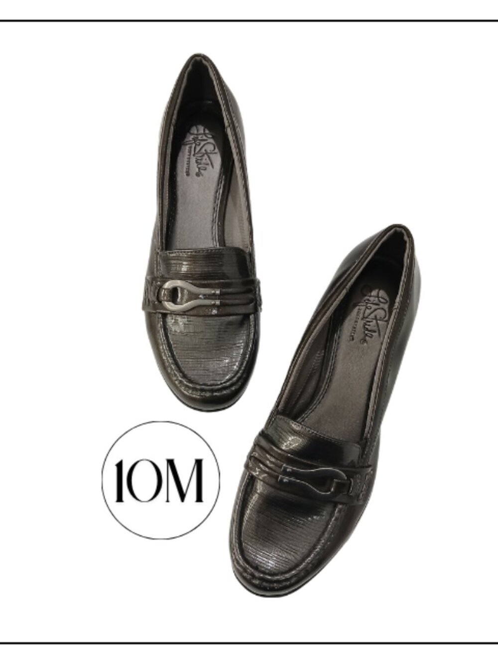 Life Stride Gray Pewter Patent Slip-On Loafers with Buckle Detail